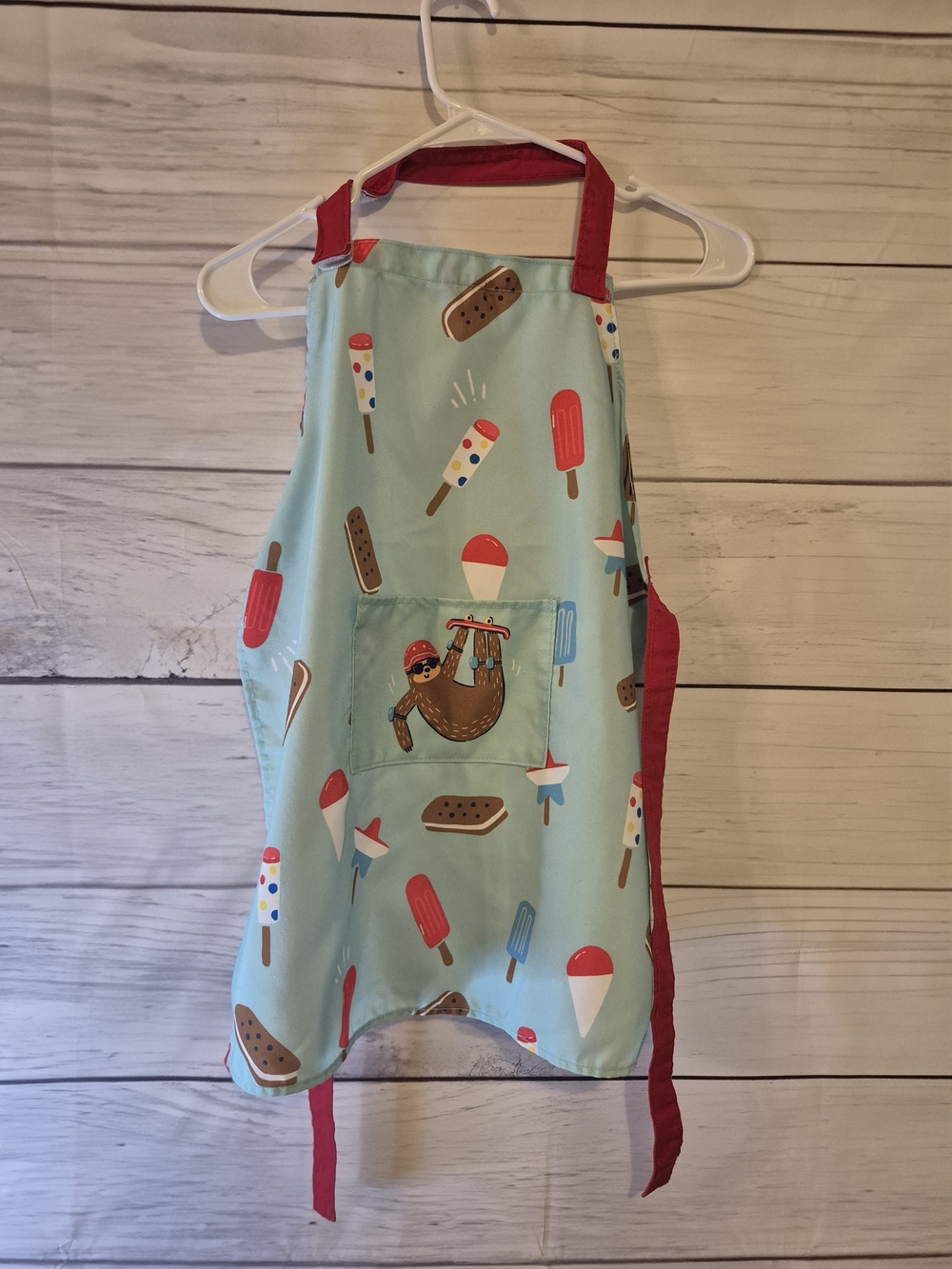 Children's Ice Cream & Sloth Adjustable Apron - Light Blue with Red Trim